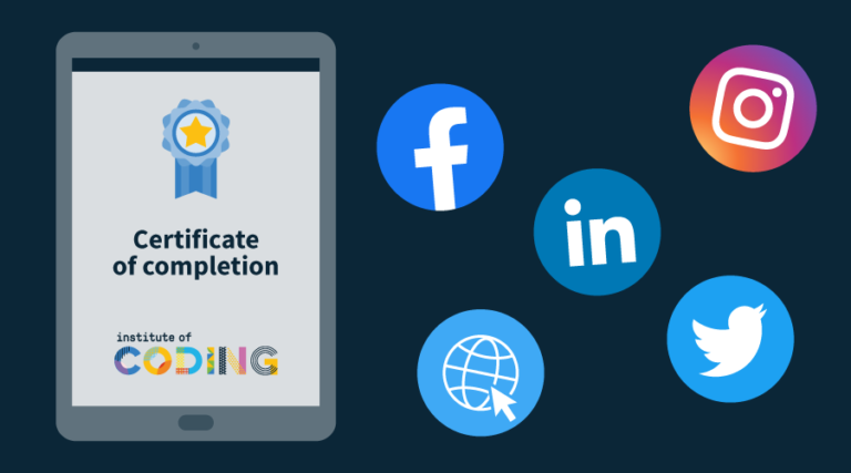 Illustration showing a Certificate of Achievement and social media sharing icons