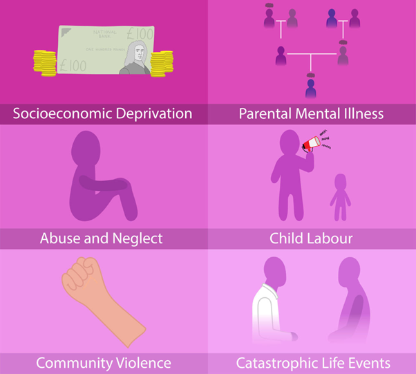 The image illustrates several potential sources of life adversity and trauma including Socioeconomic deprivation Parental mental illness Abuse and neglect Child labour Community violence Catastrophic life events 