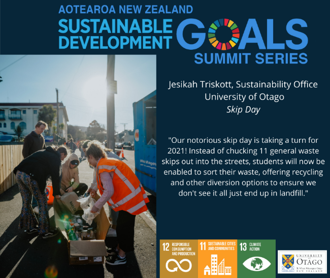 Aotearoa NZ sustainable development goals summit series campaign image with the following quote "Our notorious skip day is taking a turn for 2021! Instead of chucking 11 general waste skips out into the streets, students will now be enabled to sort their waste, offering recycling and other diversion operations to ensure we don't see it all just end up in landfill"
