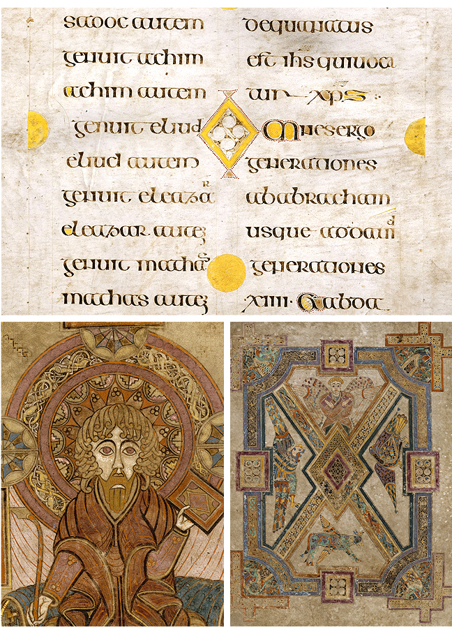 Figures 7-9, from the Book of Kells, a lozenge in the place of an 'O', an image of St. John, and an image of the evangelists around a lozenge, respectively