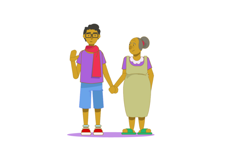 An illustration of a teenage boy holding his grandmother's hand as he waves towards us