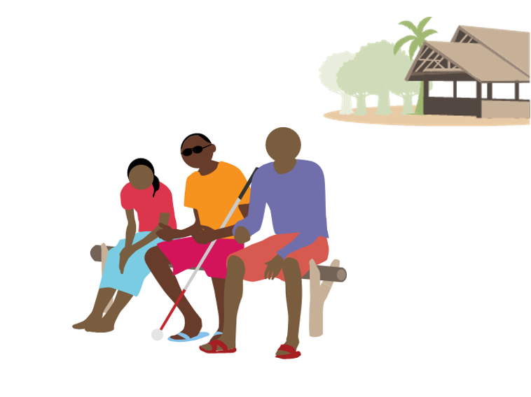 Image shows Bule Pakoa sitting on bench between two research participants, an adult male, and a female child. There is a house in the background with palm trees