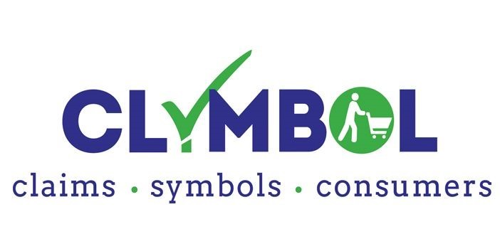 Clymbol logo with the letters spelled out in purple, the 'y' being a green tick and the 'o' being a circular graphic of a person with a trolley. Under the letters are the words: claims, symbols, consumers