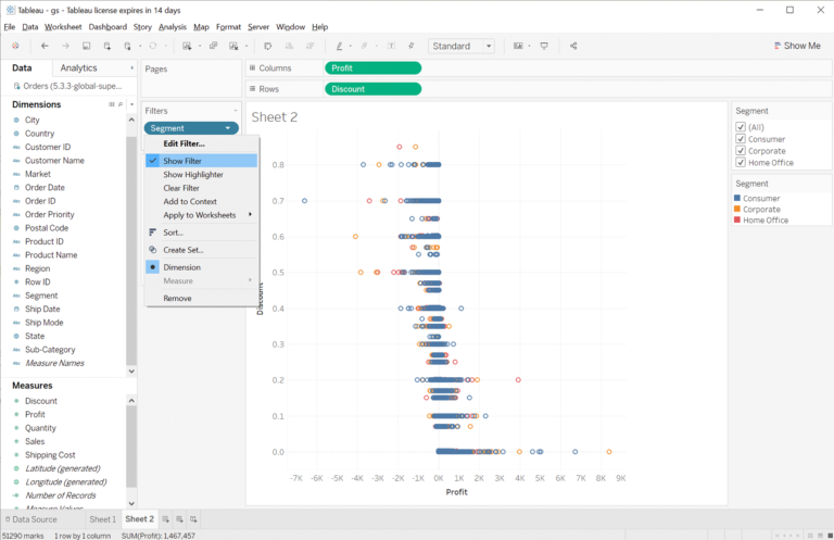 Screenshot of Tableau shows “Show Filter”. To show the filter, click the “Segment” drop-down menu in the “Filters” section and select “Show Filter”. 