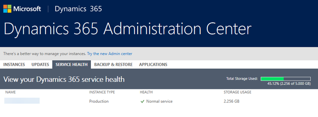 A screenshot of the Dynamics 365 Administration Centre, showing the Service Health tab, which includes the Total Storage Used amounts.