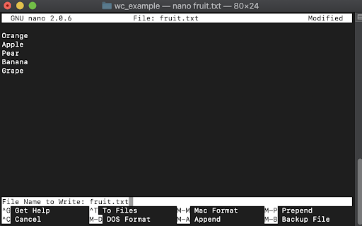 screenshot of exiting nano i.e. fruit.txt