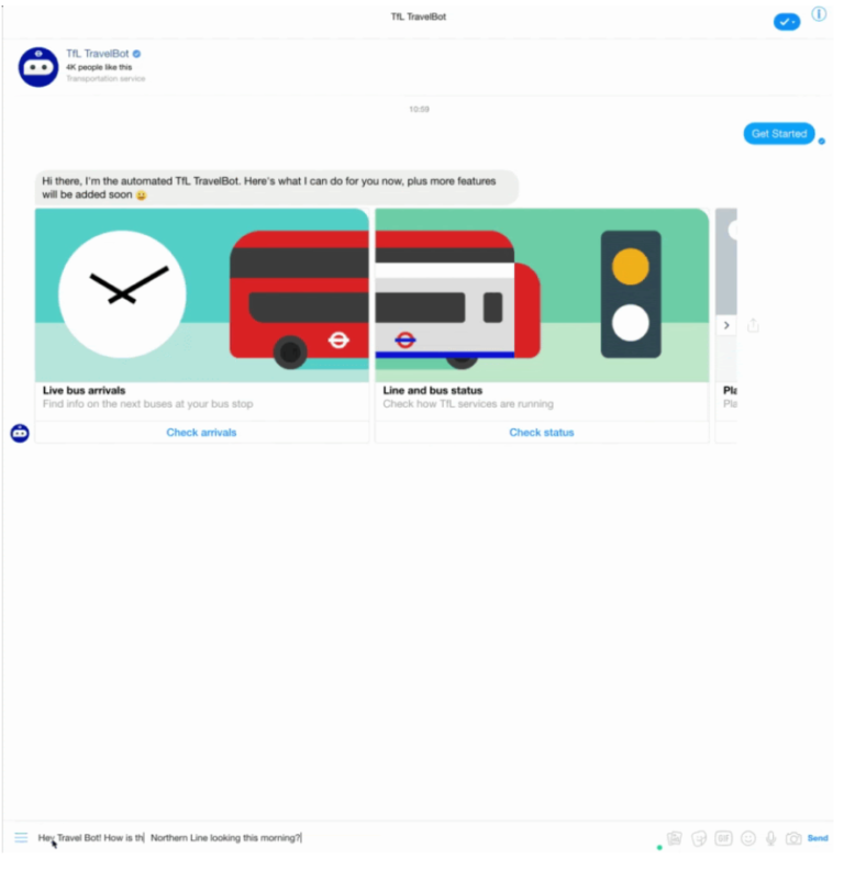 A screenshot of London’s TravelBot in action. The text reads 'Hi there, I’m the automated TfL TravelBot. Here’s what I can do for you now, plus more features will be added soon'