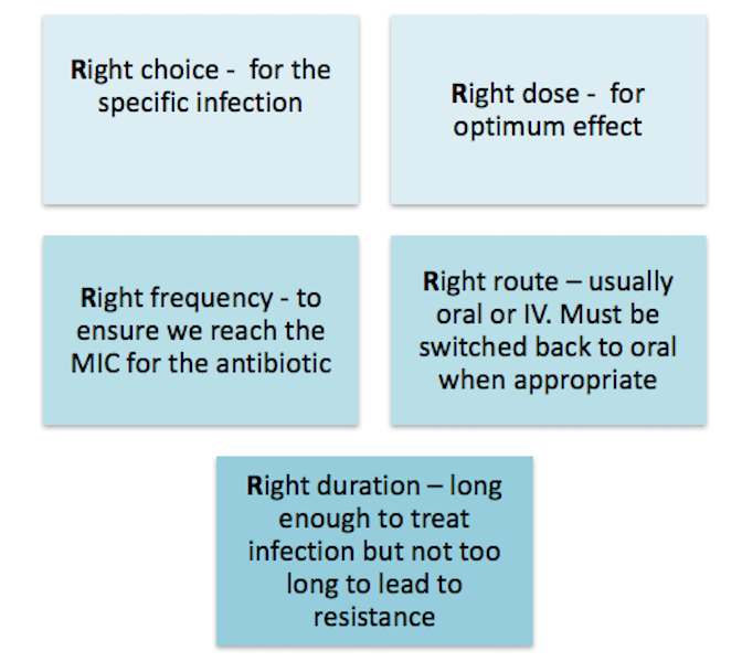 5 Rs: Right choice for the specific infection; Right dose for optimum effect; Right frequency to ensure we reach the MIC for the antibiotic; Right route usually oral or IV but must be switched back to oral when appropriate; Right duration - long enough to treat the infection but not too long to lead to resistance