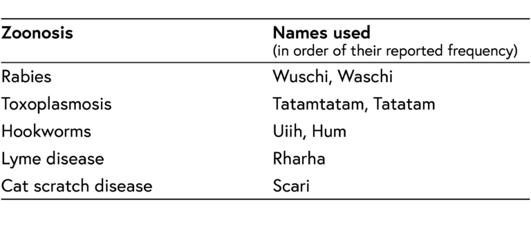 Table showing knowledge of butchers in relation to zoonoses