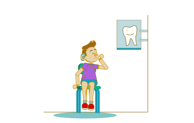 An illustration of a boy with a hearing aid is sitting on a chair clutching his cheek. He looks in a little pain. He is looking up at a sign of a tooth