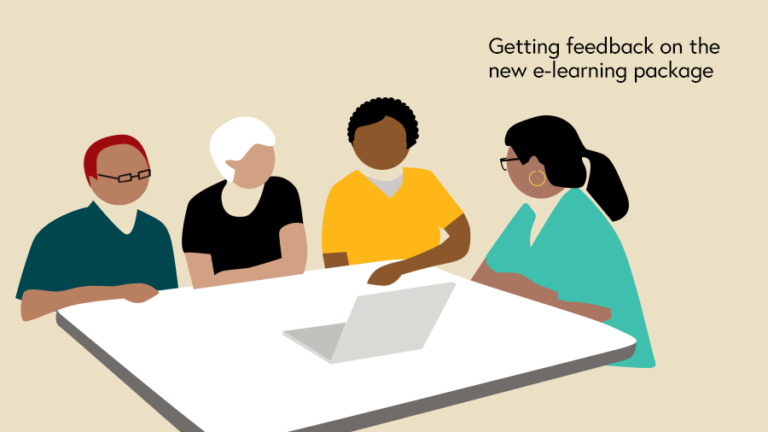 Illustration of the quality improvement team getting feedback on the elearning package from staff