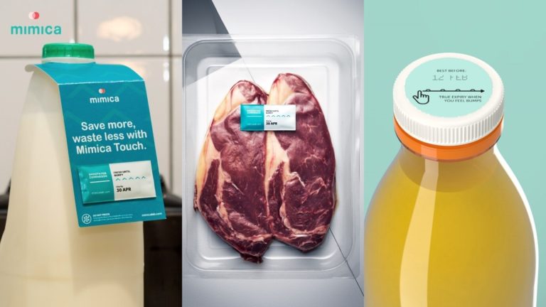 3 examples of Mimica Touch labels on milk, meat and orange juice