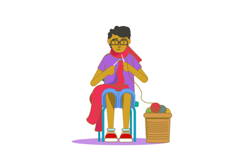 An illustration of a teenage boy sitting on a chair and knitting a large scarf