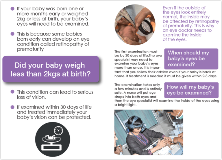 A4 printed leaflet with key information on ROP screening for parents of a preterm child including pictures of the screening process