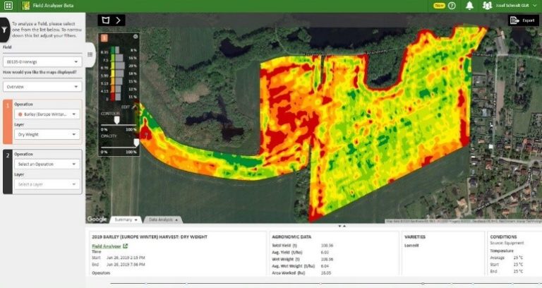 screenshot showing a yield map from John Deere. The field shape is filled in with yellows, oranges and reds to show how the yield varies in the different segments