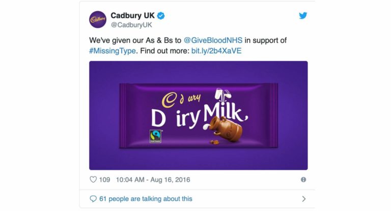 A screenshot of a tweet by Cadbury using #missingtype