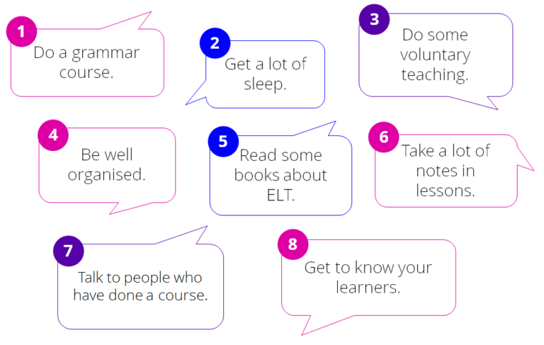 Speech bubbles with advice for preparing for a course