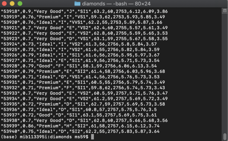 screenshot of the cat command display of the diamonds.csv file