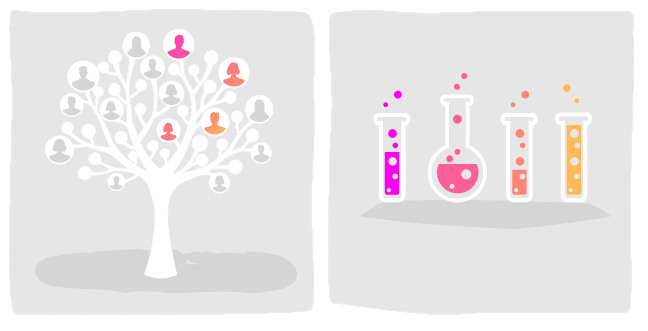 image 1. Illustration of a family tree. A few people are highlighted – signalling a genetic connection. image 2. Illustration of a row of test tubes bubbling away