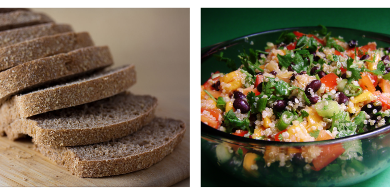 Left: Photo of a sliced loaf of wholegrain bread. Right picture is a photo of a quinoa, mango and black bean salad
