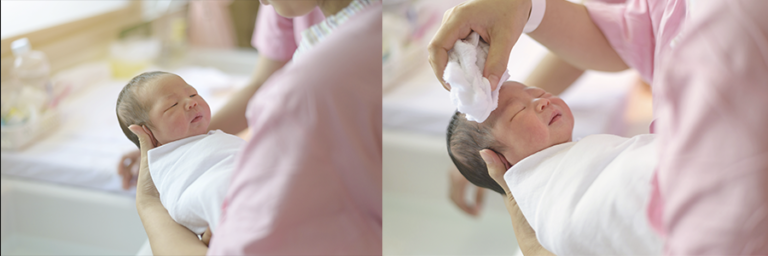 Two images show a swaddled baby having his hair washed, while the rest of his body is kept warm
