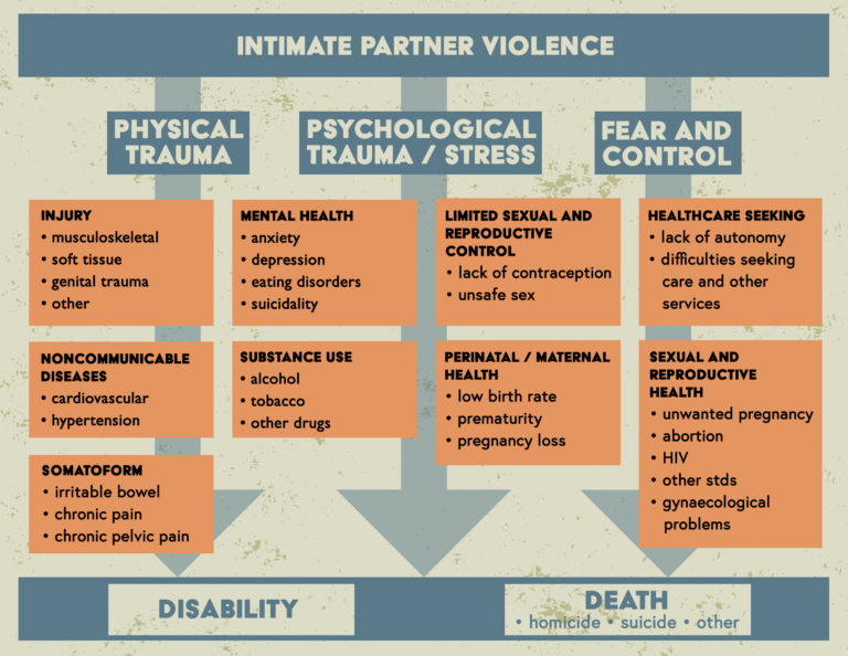 A diagram showing intimate partner violence broken down into three pathways - physical trauma, psychological trauma and stress, and fear and control - through which intimate partner violence can lead to adverse health effects.