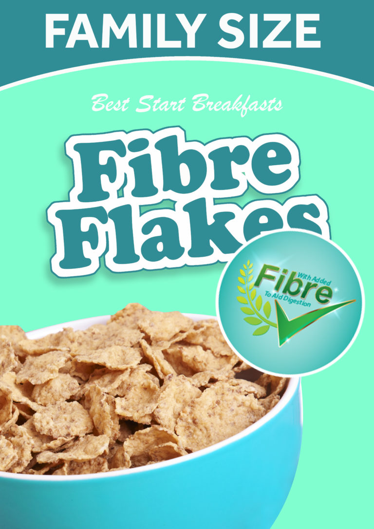 healthy looking breakfast cereal (Fibre Flakes) with banner claiming 'with added fibre to aid digestion'