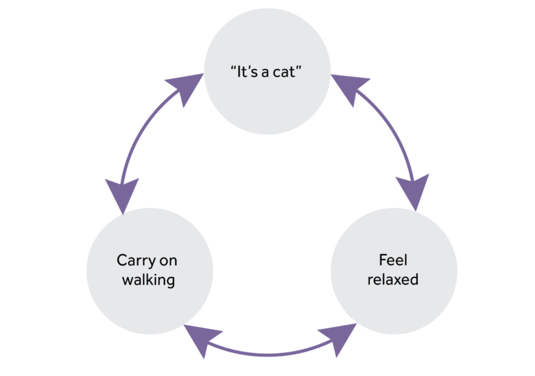 3 circles in a cycle. 1st circle - it's a cat, 2nd circle - feel relaxed, 3rd circle - carry on walking