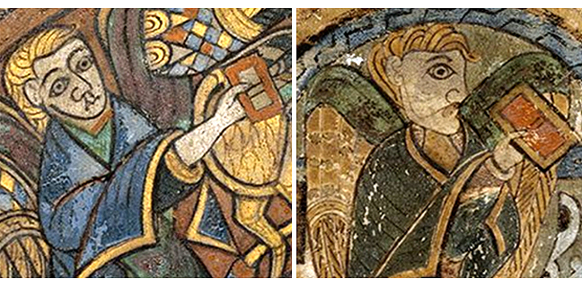 Folio 2v, Folio 4r, from the Book of Kells, two depictions of a man holding a book