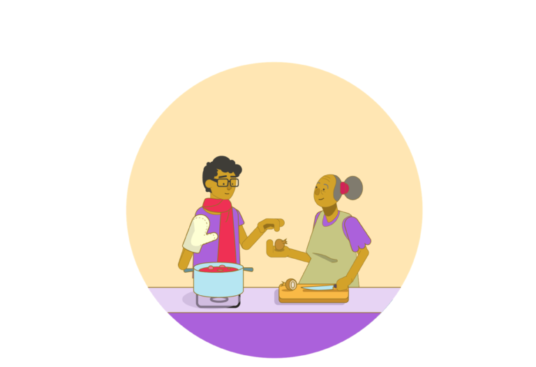 An illustration of a teenage boy standing next to his grandmother as they cook a big pot of stew. She is handing him an onion to put in