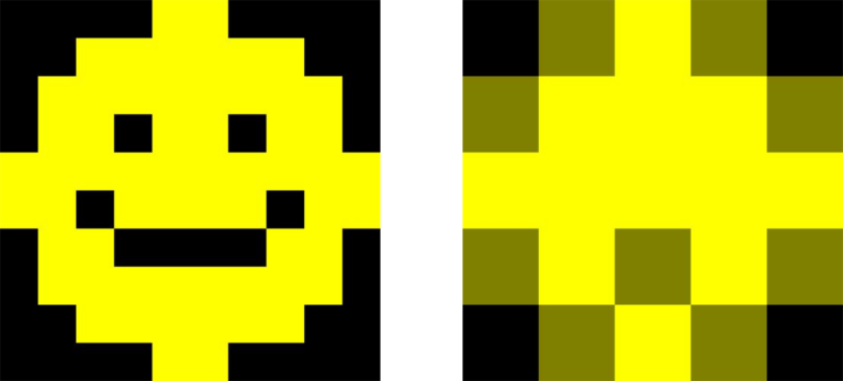 On the left, a 500 pixel by 500 pixel version of the 10 pixel by 10 pixel smiley face emoji created in week 2. On the right, a 500 pixel by 500 pixel version of the compressed 5 pixel by 5 pixel smiley face emoji created above. The eyes are no longer visible, the mouth is now just a single brown pixel, and the edge of the emoji is less smooth and contains some brown pixels.