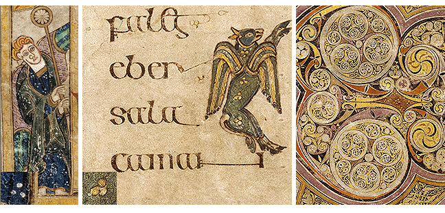 Figures 10-12, from the Book of Kells, an image of an angel, an image of a dragon beside lines of text, and a series of spiral patterns, respectively