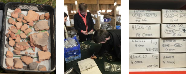 From left to right): A photo of a tray of bulk finds drying, a photo of students bagging and recording finds at the hut, and a photo of finds stored away in boxes