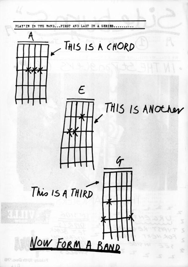 three sketched chord charts depicting A (labelled 'this is a chord'), E (labelled 'this is another), and G (labelled 'this is a third') and the instruction: 'Now form a band' at the bottom