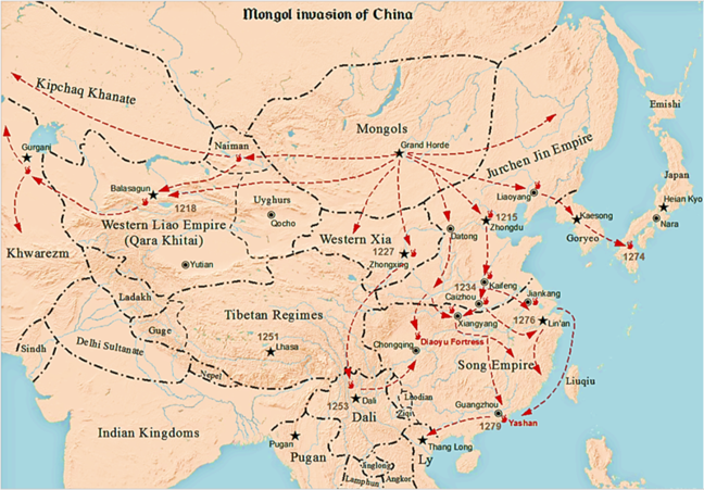Map of the conquest of China by the Mongols