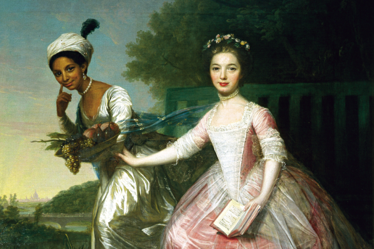 A painting of a young black woman wearing a turban beside her companion a young white English woman with a landscape background