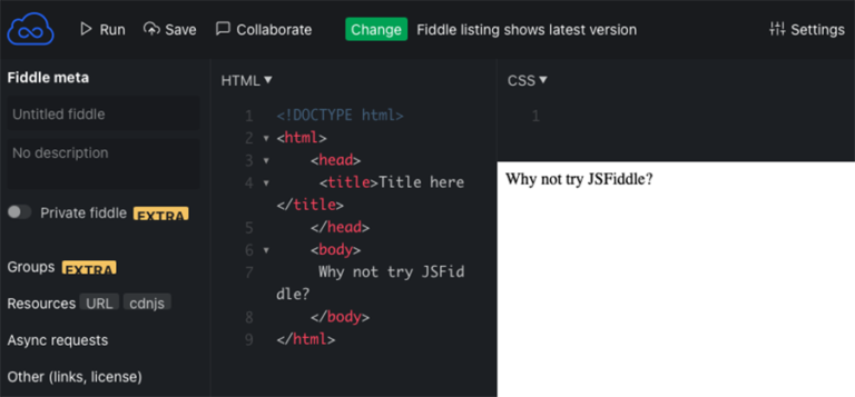 The graphic is a screenshot of the web-based code editor JSFiddle with some basic HTML. The output reads “Why not try JSFiddle?”.