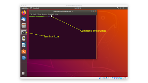 elements of terminal: terminal window, command prompt and terminal icons/menu