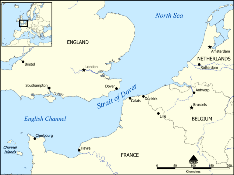 Map of modern day UK and surrounding seas, showing the Dover Straits between England and France