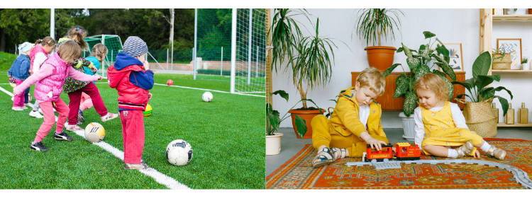 two images - first: children playing football, second: children sitting on carpet floor
