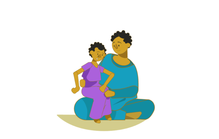 An illustration of a young girl is sitting on her mother's knee as the mother sits crossed legged on the ground