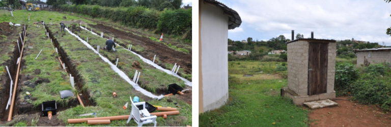 Percolation area being constructed for septic tank effluent in Ireland (left) and urine diversion toilet in South Africa (right)