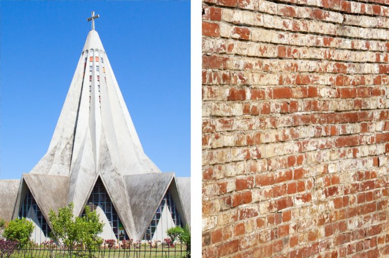 A cathedral and a brick wall 