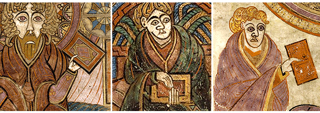 Folio 291v, Folio 3v, Folio 29r, from the Book of Kells, each image depicts a man holding a book