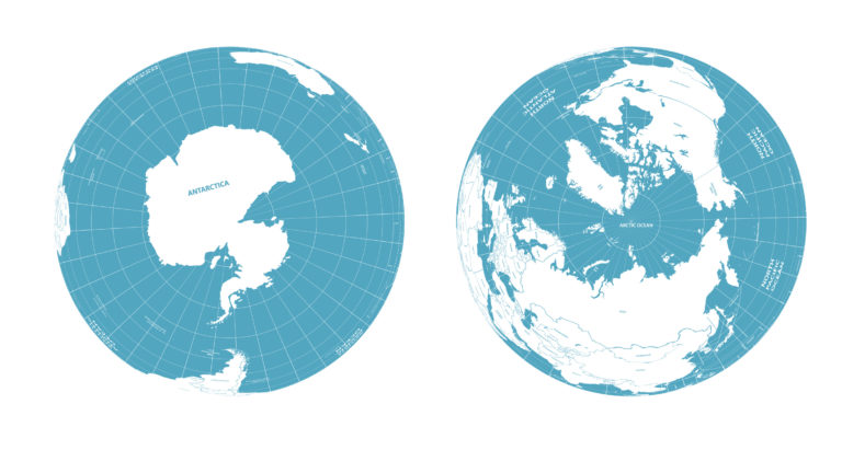 Globe Map Views of the Arctic and Antarctic. The Arctic is a frozen ocean and mostly surrounded by land. The Antarctic is different as it is an area of land surrounded by oceans.