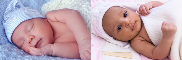 Two babies lay side by side. Caucasian baby is pictured left and the African-American baby is pictured right