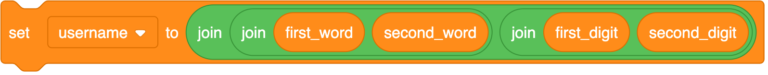 Set 'username' to block with three 'join' blocks for the 'first_word', 'second_word', 'first_digit', and 'second_digit' 