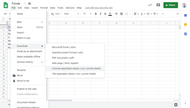 Image of a spreadsheet application, Google Sheets, with the option Download > Comma Separated Values select from the file menu