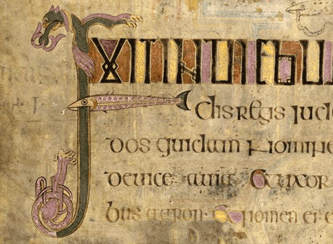 Figure 1, from the Book of Kells, a fish forms part of the letter 'F'