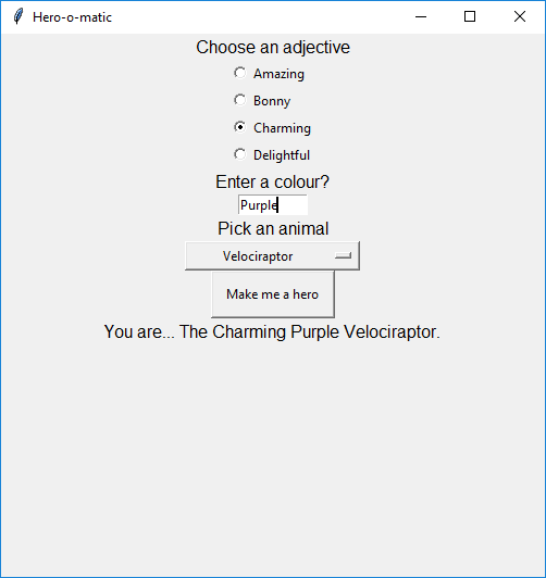 A screenshot of the GUI created using the code above, similar in style to the sketch plan earlier in the step.